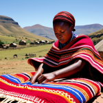 **A Basotho woman skillfully weaving a "seanamo" blanket outdoors in a rural Lesotho village. Focus on the vibrant colors and intricate patterns of the blanket. In the background, rolling hills and traditional Basotho huts. Warm, natural lighting.** (This prompt focuses on the craft and cultural aspect)