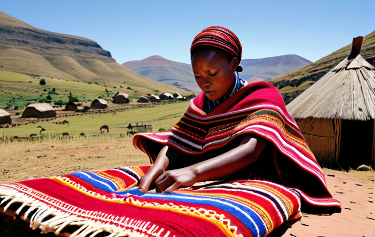 **A Basotho woman skillfully weaving a "seanamo" blanket outdoors in a rural Lesotho village. Focus on the vibrant colors and intricate patterns of the blanket. In the background, rolling hills and traditional Basotho huts. Warm, natural lighting.** (This prompt focuses on the craft and cultural aspect)